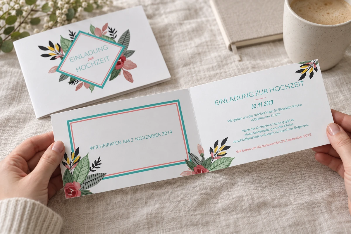 Hände halten die offene Hochzeitseinladung „Blumengedeck“ mit Blättern, Blüten und farbigem Rahmen.