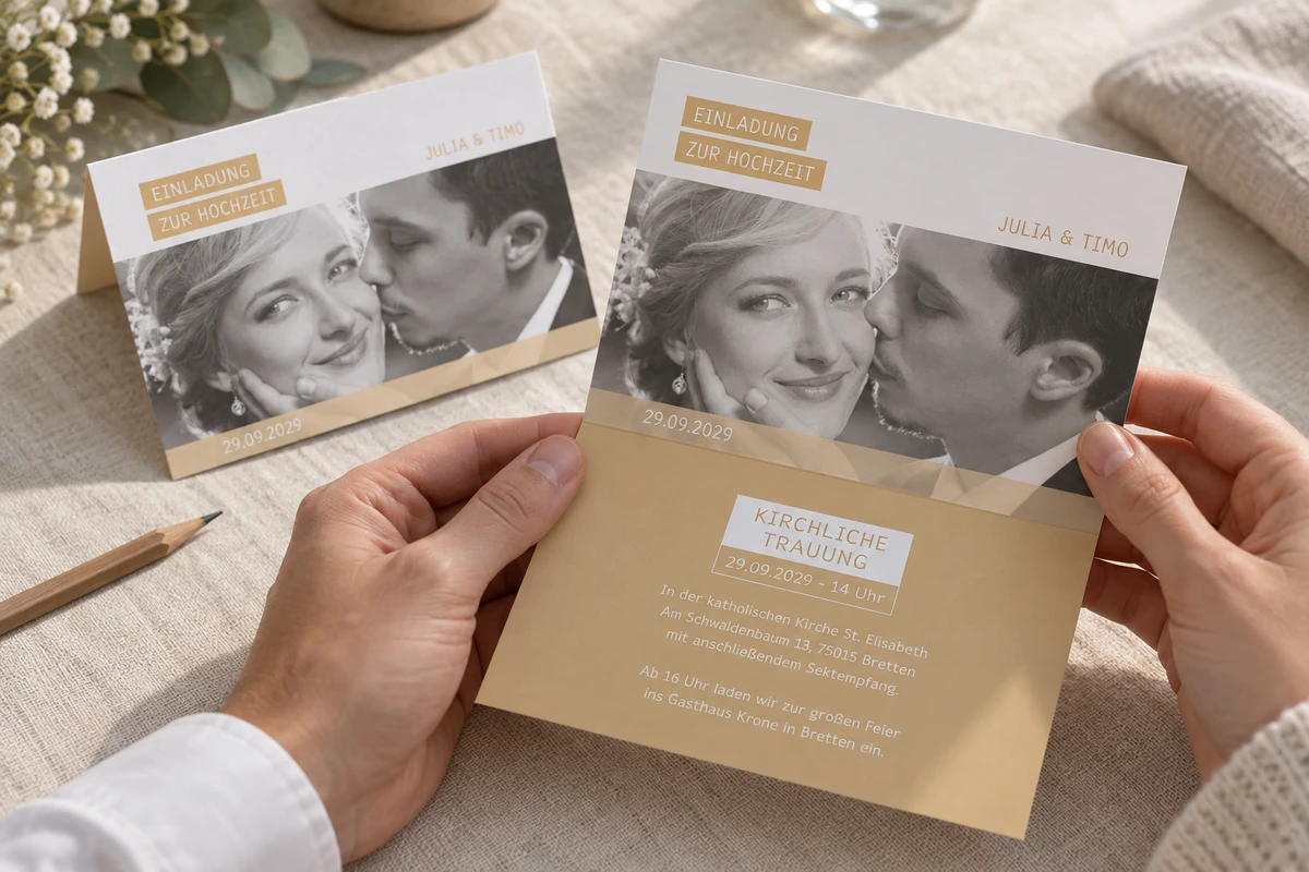 Hände betrachten die offene Hochzeitseinladung „Farbenspiel“ mit Paarfoto und ruhigen Farbflächen.