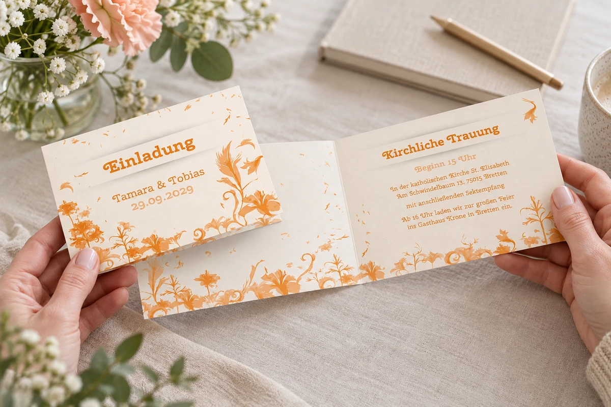 Ein Paar prüft die Hochzeitseinladung „Floral Love“ mit orangefarbenen Blüten auf einem hellen Leinentisch.