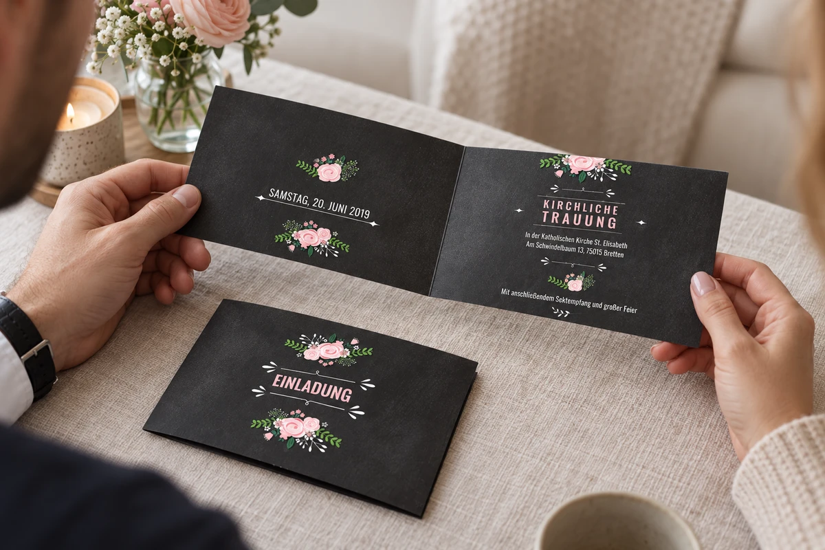Hände halten die offene Hochzeitseinladung „Getäfelt“ mit dunkler Tafeloptik und kleinen Blüten.