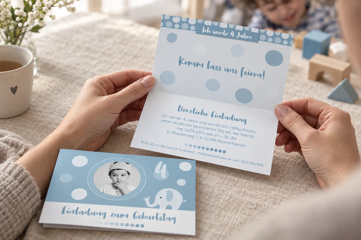 Elternhände lesen die pastellblaue Kindergeburtstagseinladung „Törööö“; die Fotovorderseite mit Elefant liegt daneben.