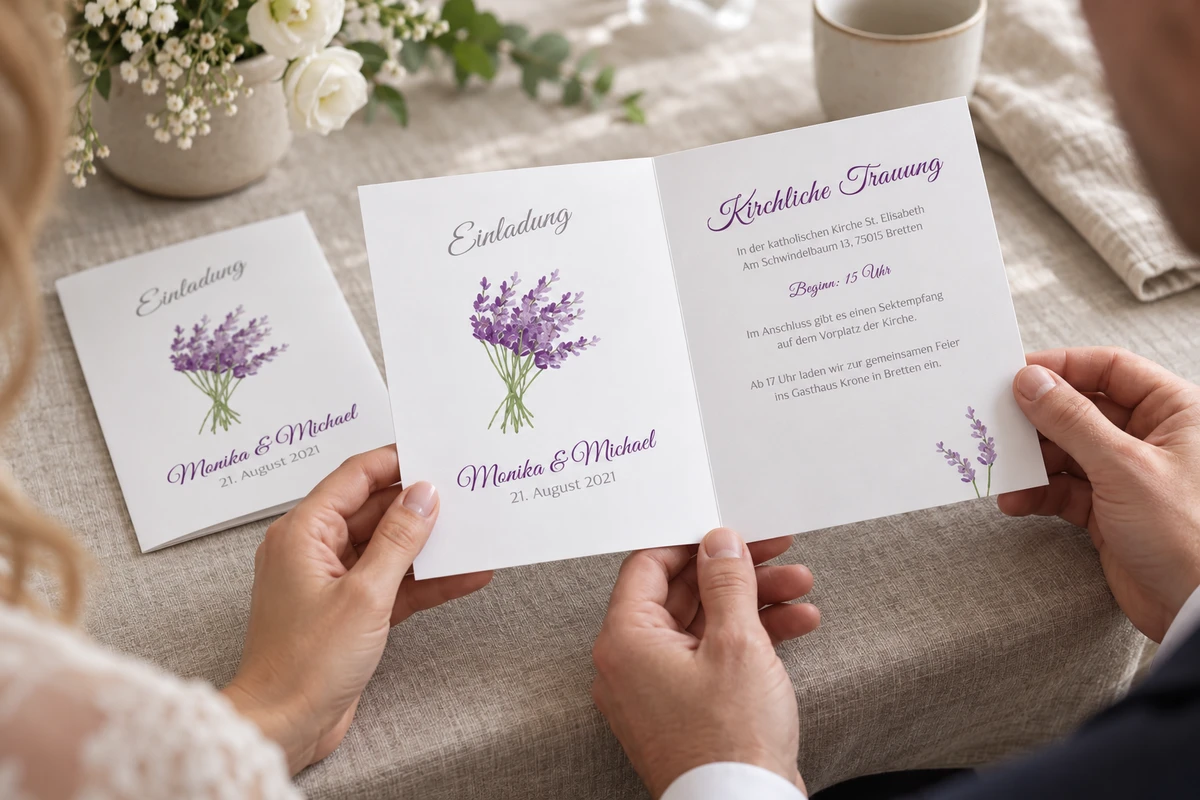 Ein Paar betrachtet die offene Hochzeitseinladung „Lavendel“ mit zartem Blumenstrauß.