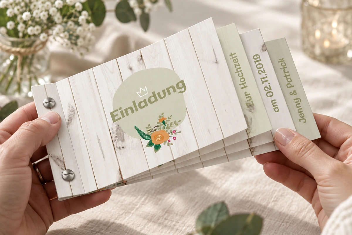 Hände halten den vierteiligen Kartenfächer „Liebe aus Holz“ mit gedrucktem Holzmotiv, Blumen und zwei Buchschrauben.