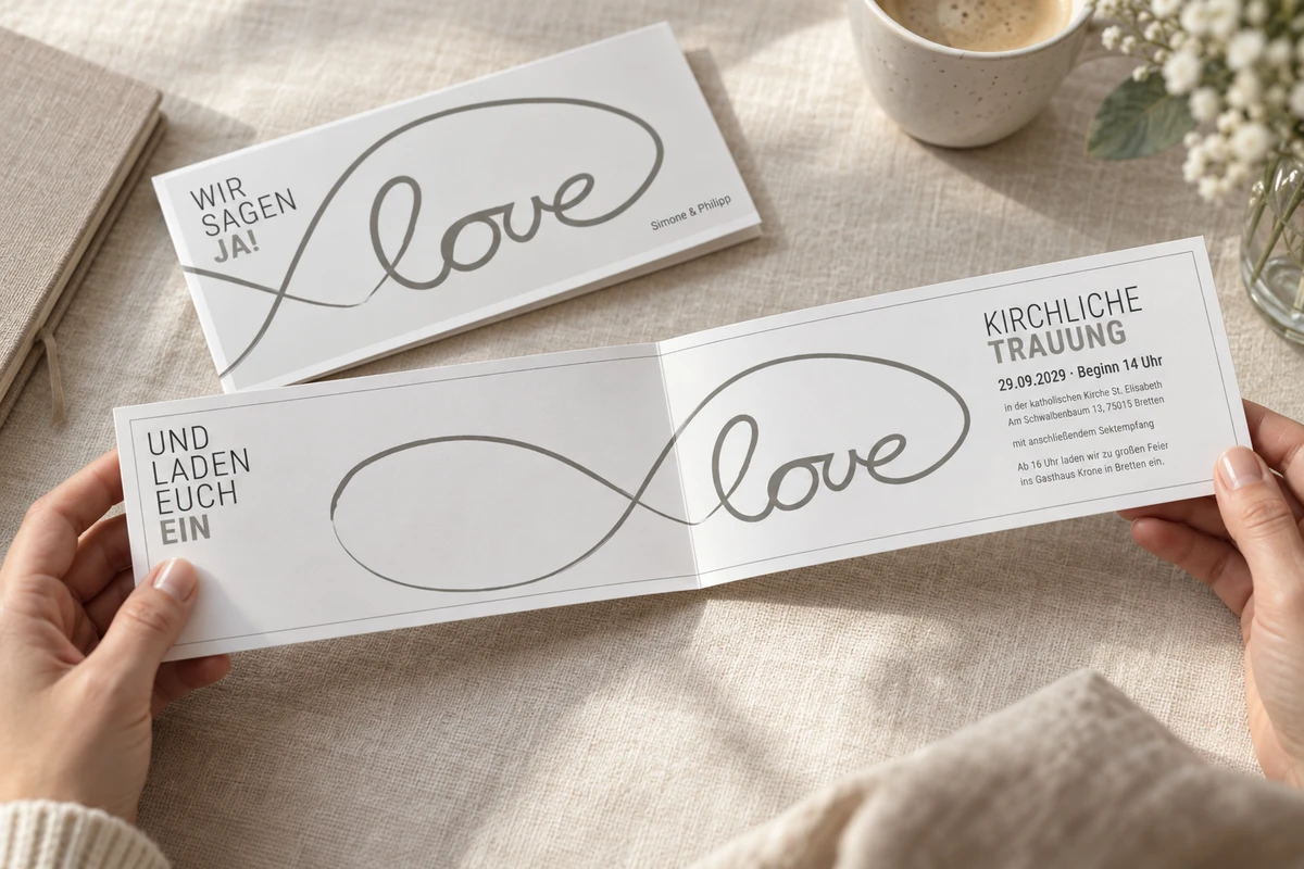 Hände halten die lange Hochzeitseinladung „Ja zur Liebe“ mit geschwungener „love“-Linie.