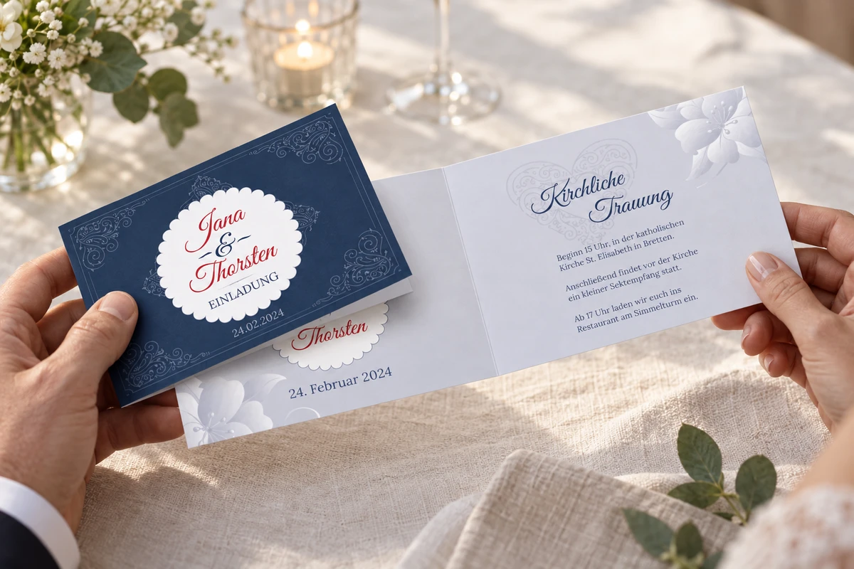 Hände betrachten die Hochzeitseinladung „Mandala“ mit dunkelblauer Vorderseite und verzierten Innenseiten.