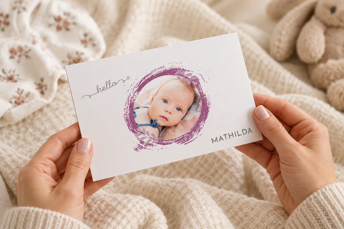 Hände betrachten die Geburtskarte „Hello world“ mit Babyfoto im violetten Pinselkreis.