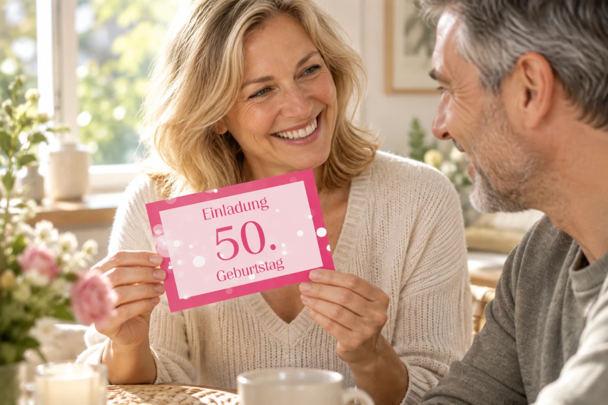 Eine Frau zeigt die Geburtstagseinladung „Bokeh“ zum 50. Geburtstag.