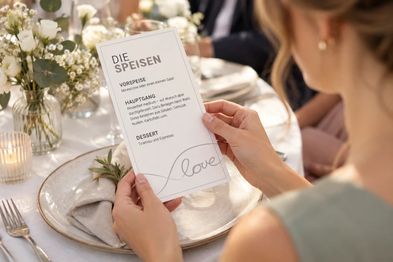 Ein Hochzeitsgast liest die weiße Menükarte „Ja zur Liebe“ am gedeckten Tisch.