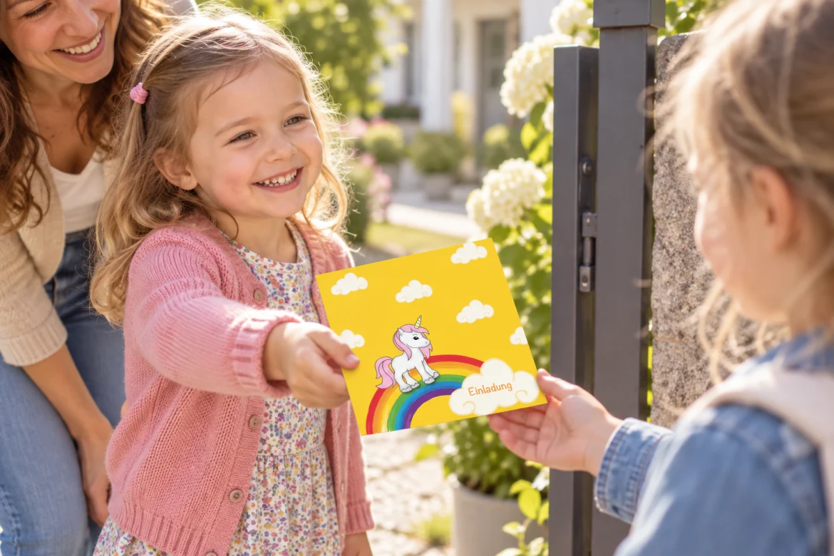 Ein Kind übergibt eine gelbe Kindergeburtstagseinladung „Unicorn“ mit Einhorn und Regenbogen.