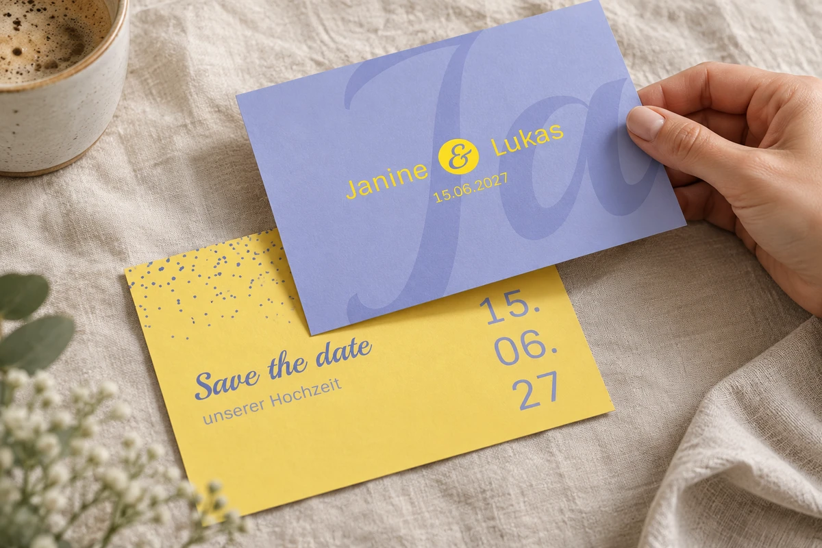 Hände zeigen die violette und gelbe Save-the-Date-Karte „Sag ja“ über hellem Leinen.