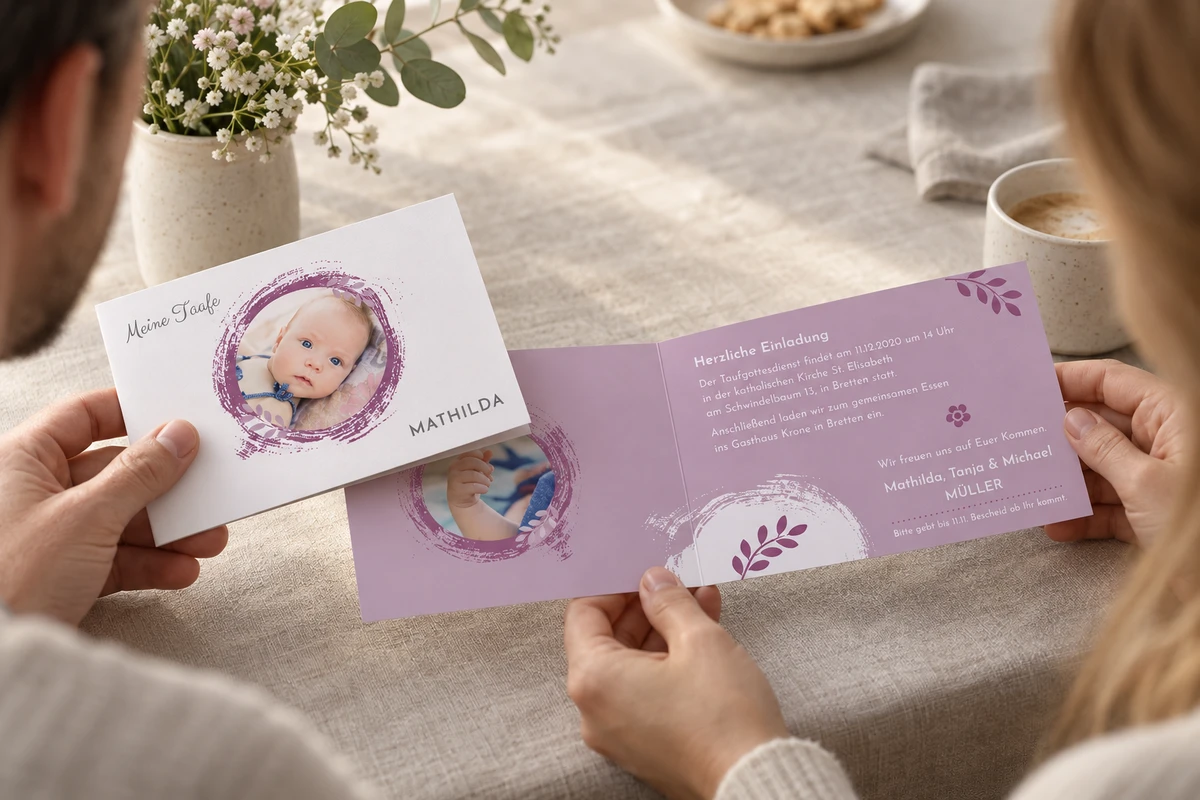 Ein Paar liest die offene Taufeinladung „Hello world“ mit violettem Pinselkreis und Babyfoto.