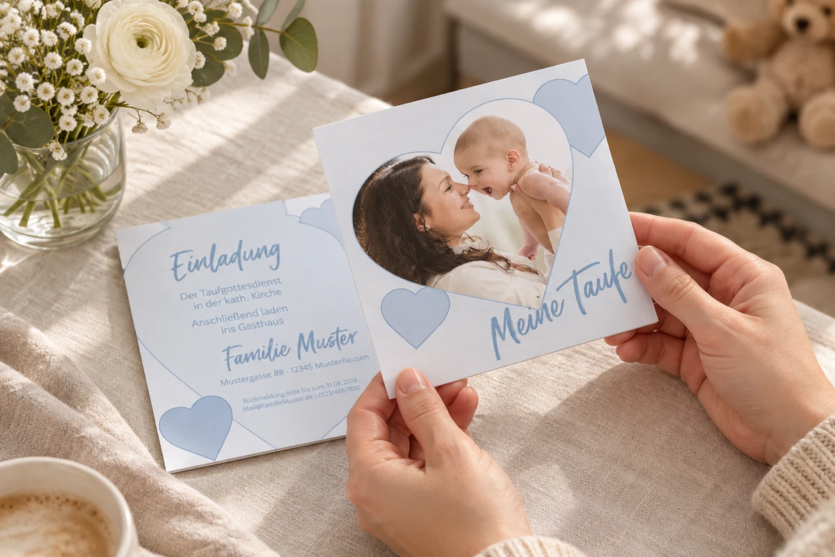 Hände halten die Taufeinladung „Herzlich“ mit Babyfoto im Herzmotiv über einem hellen Leinentisch.