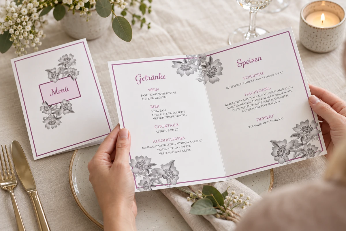 Hände betrachten die offene Menükarte „Timeless Flowers“ mit grauen Blüten auf einem gedeckten Hochzeitstisch.