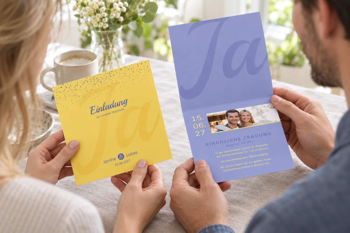 Ein Paar betrachtet die Hochzeitseinladung „Sag ja“ mit gelber Vorderseite und violetter Innenseite mit Paarfoto.