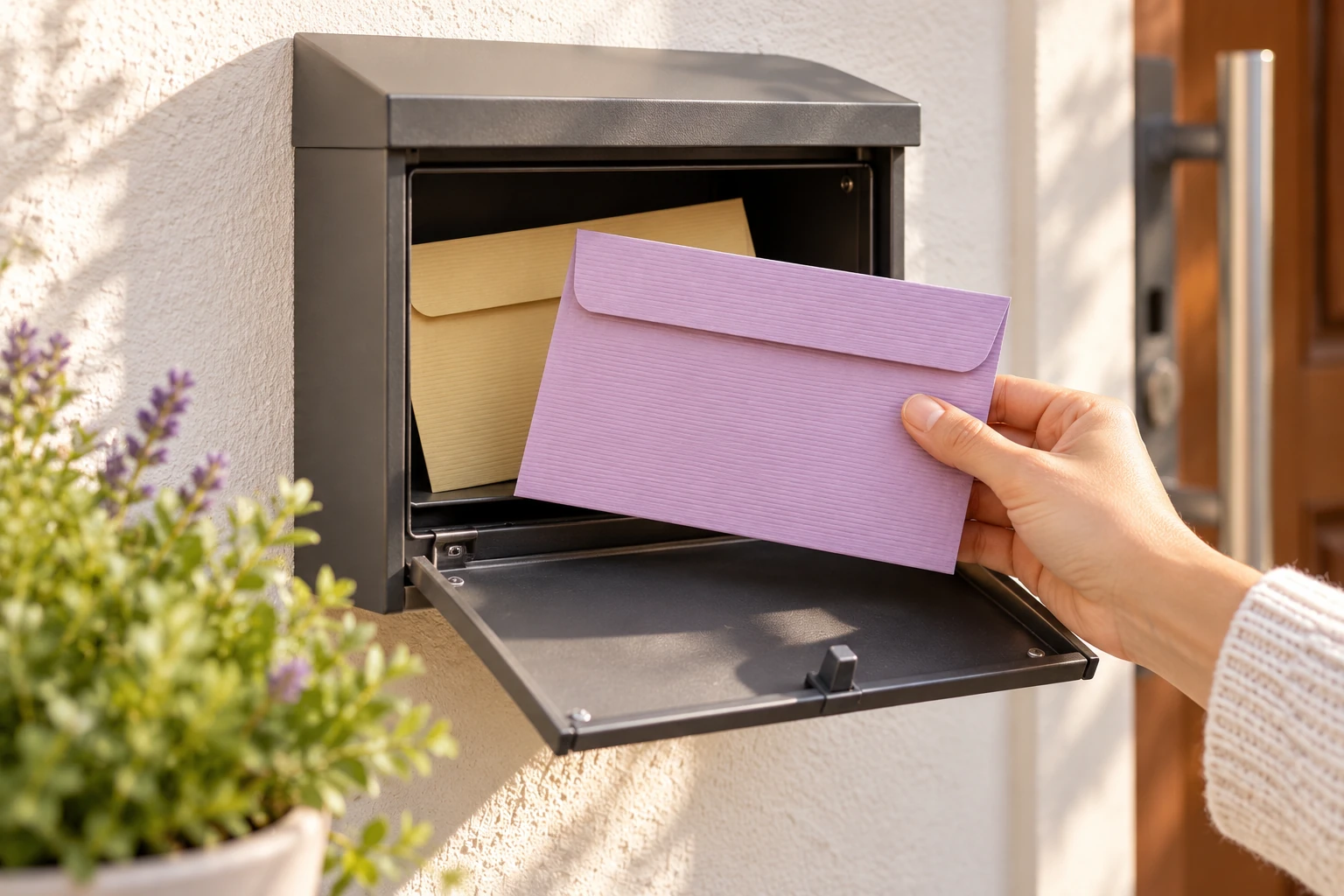 Eine Hand zieht eine fliederfarbene Briefhülle aus einem Briefkasten an der Hauswand